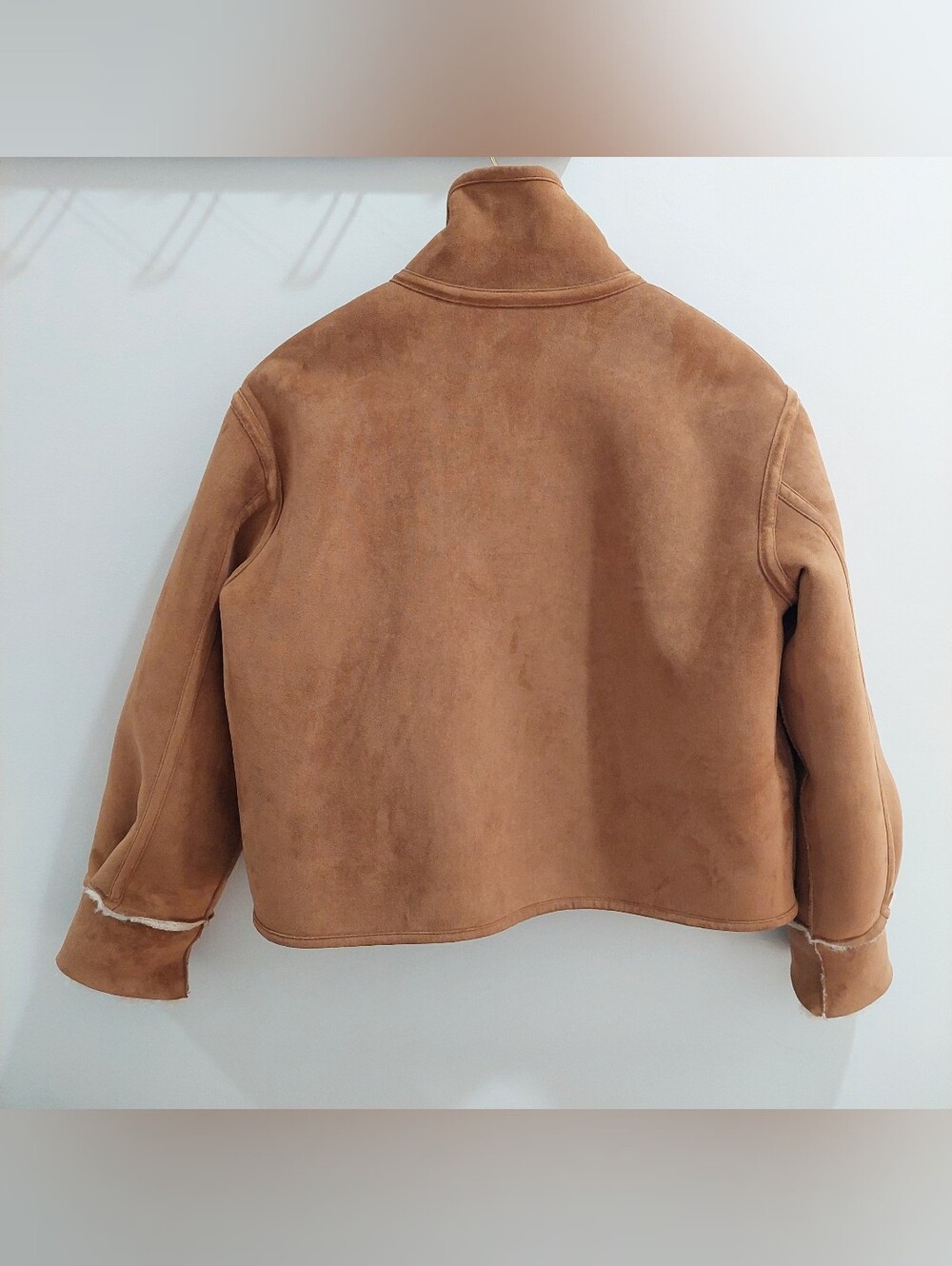Zara Small Double Faced Cream Teddy Faux Shearling Jacket with Tan Trim - Picture 16 of 16